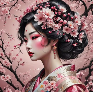 Diamond Painting Japanisch Frau im Kimono, von Kirschblüten umgeben